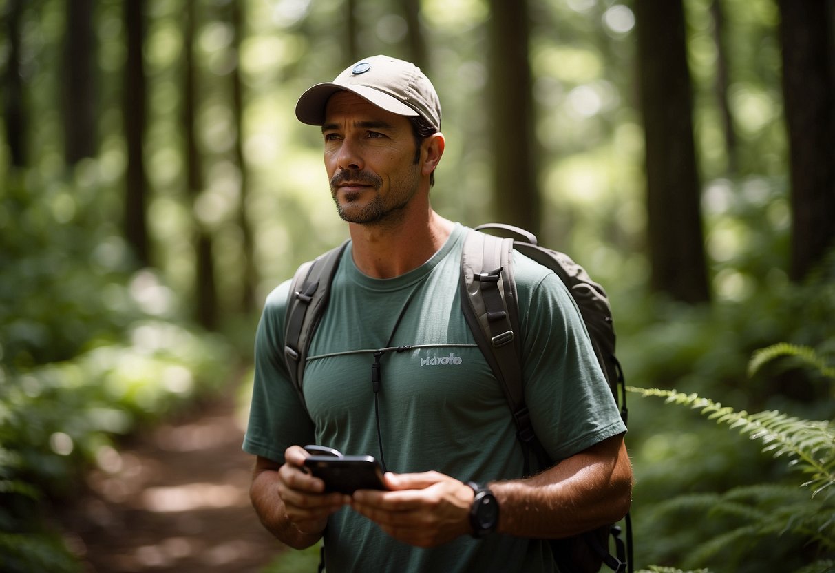 A sunny day in a lush green forest, a hiker wearing the Outdoor Research Sun Runner Cap, with a GPS device in hand, searching for hidden geocaches