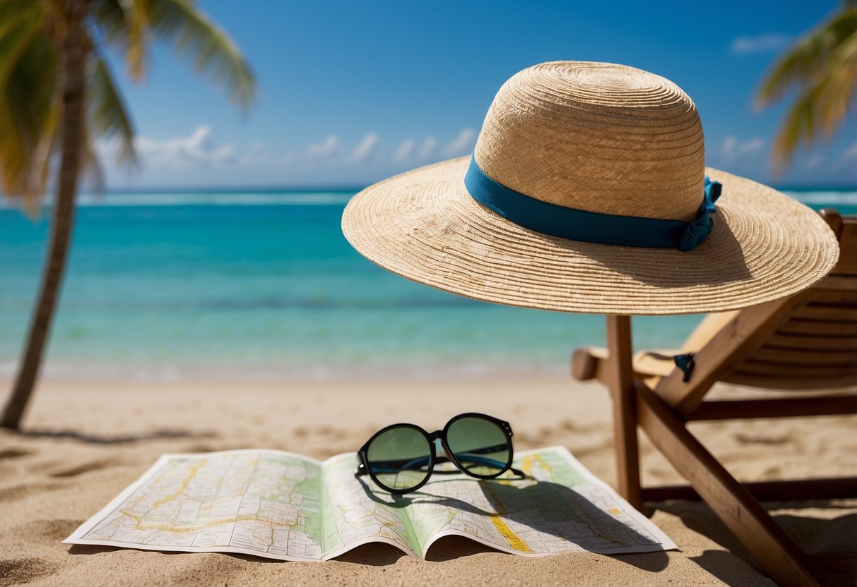 A sun hat rests on a tropical beach chair, next to a geocaching map and compass. The hat's wide brim provides shade, and its adjustable chin strap dangles loosely