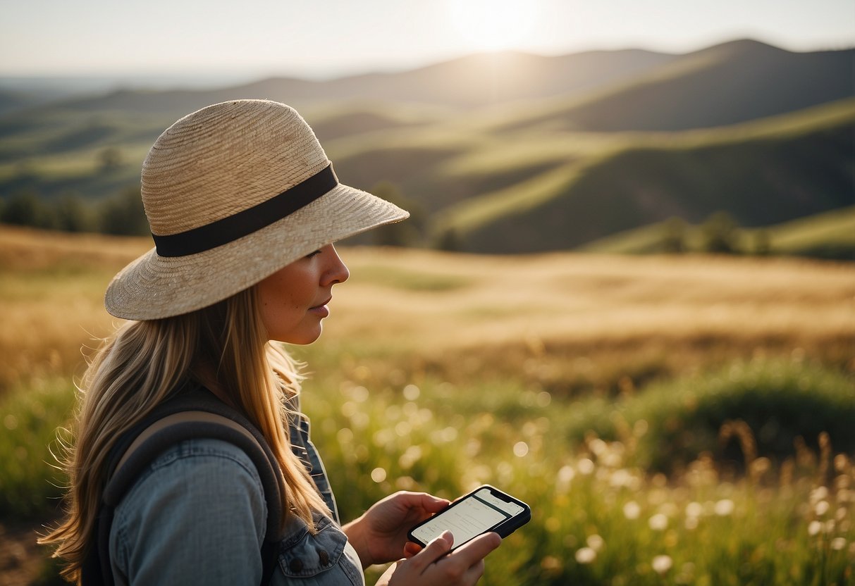 A sunny, open field with rolling hills in the background. A geocacher is seen wearing the Sunday Afternoons Ultra Adventure Hat, searching for hidden treasures