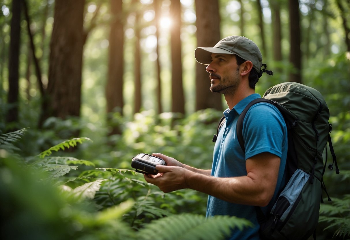 A bright, sunny day with a clear blue sky. A person wearing a Tilley LTM6 Airflo Hat is geocaching in a lush, green forest, surrounded by trees and wildlife