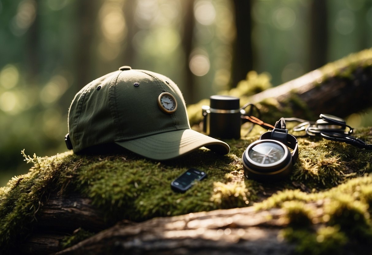 A hiker's hat rests on a moss-covered log, surrounded by GPS devices and a compass. The sun shines through the trees, casting dappled light on the scene