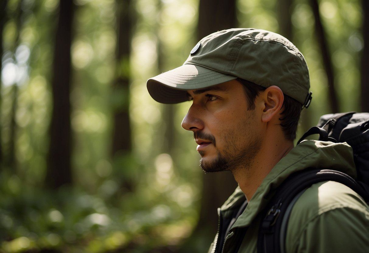 A sunny day in the forest, a geocacher wears a lightweight hat. It shields from the sun, with a hidden pocket for small geocaching tools