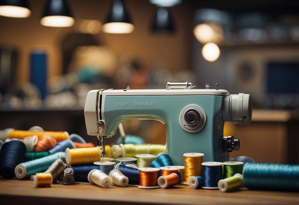 The scene depicts a table with various lightweight materials such as nylon, mesh, and polyester. A sewing machine and thread are visible, along with hat patterns and measuring tools