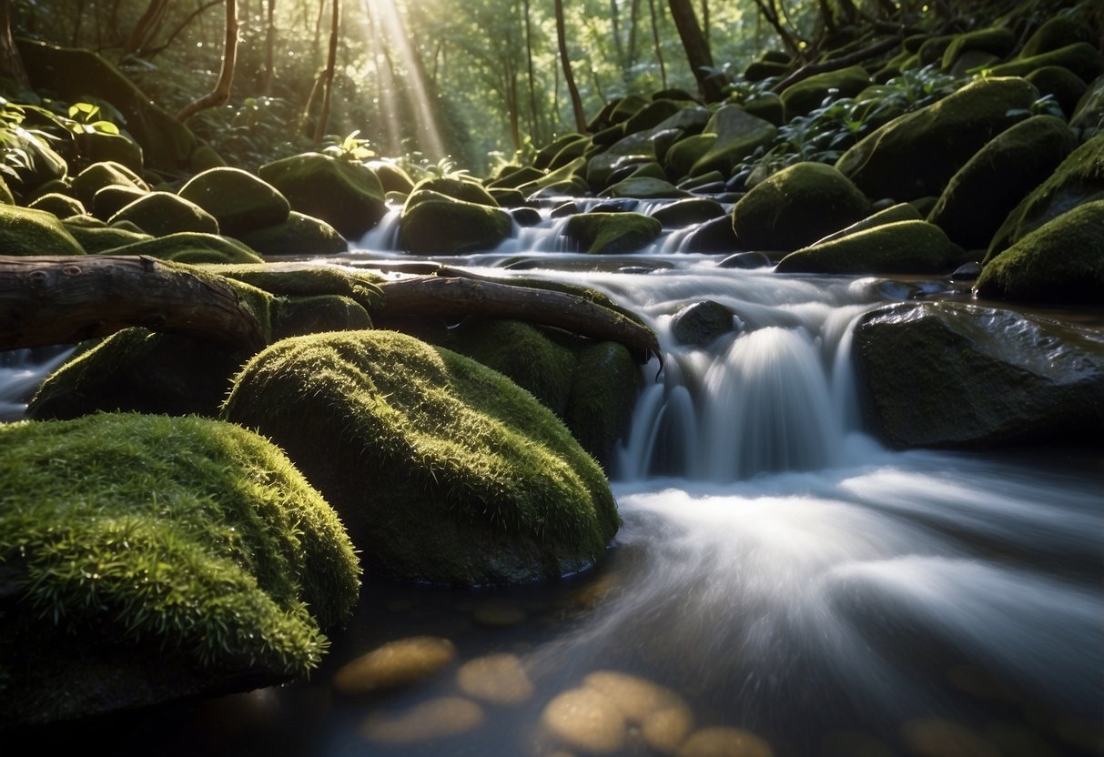 Clear stream flows over rocks, surrounded by lush forest. A small water filter hangs from a tree branch. Sunlight filters through the canopy