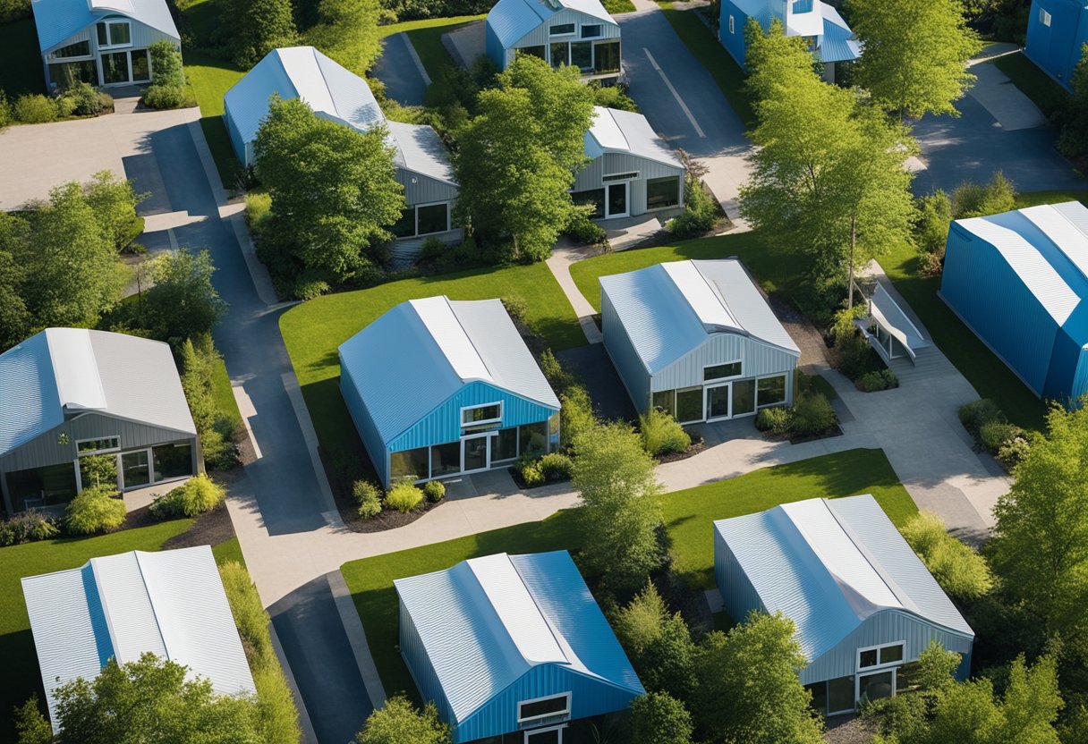 Aerial view of 7 modern container homes in Ohio, surrounded by lush greenery and a clear blue sky