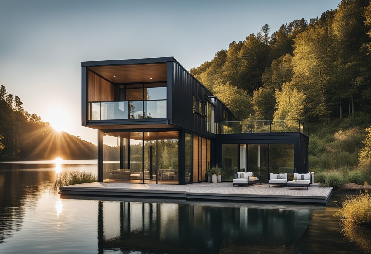 A sleek, minimalist lakeside retreat with 7 container homes in Ohio. Glass walls, clean lines, and natural surroundings create a modern oasis