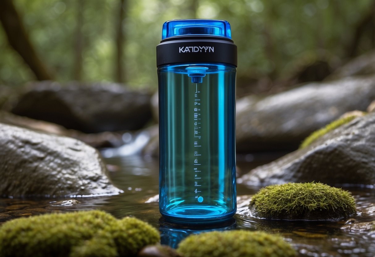 A hand squeezes the Katadyn BeFree filter, clean water flows into a bottle. Surrounding the filter are various methods of water purification for geocaching