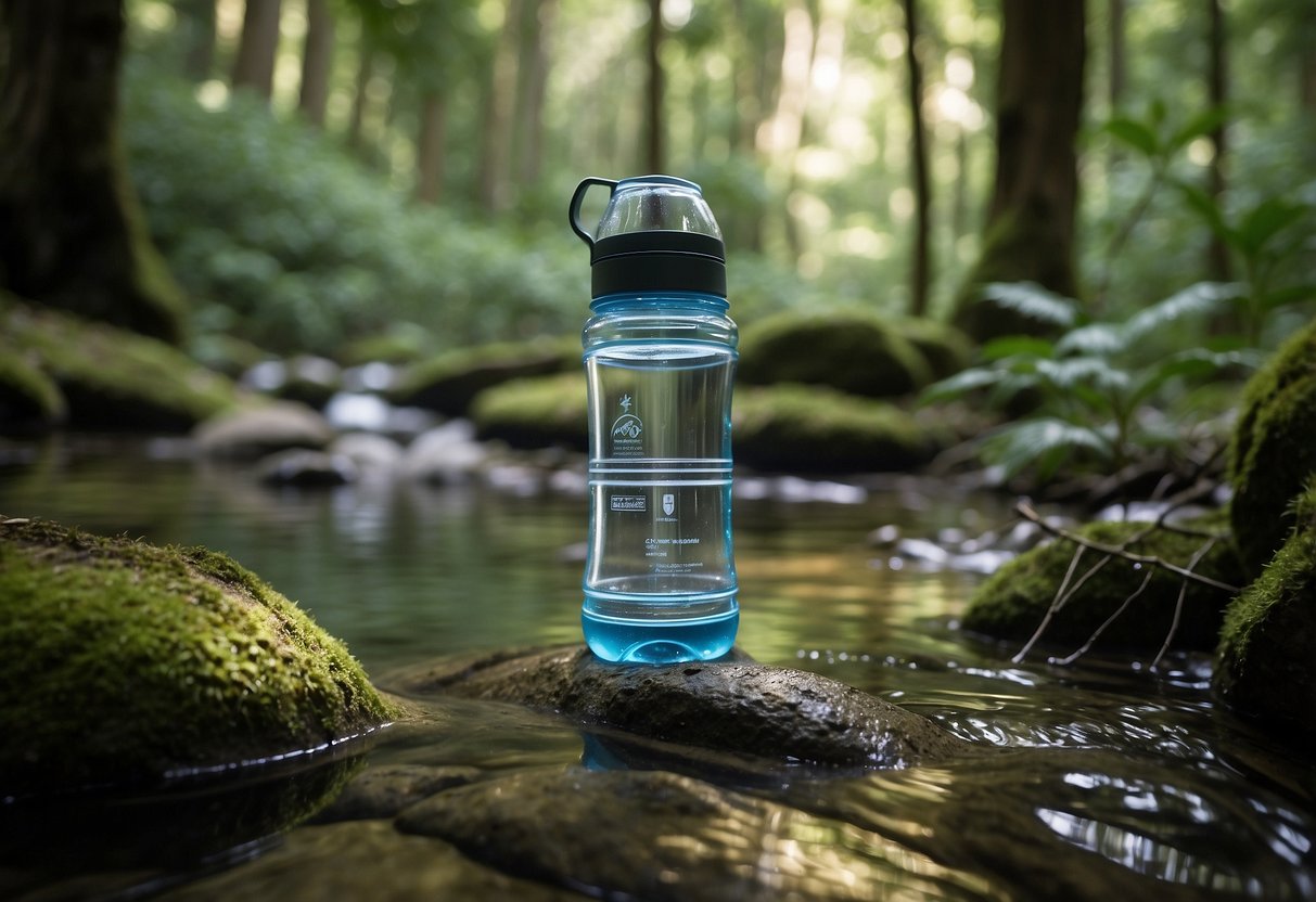 A clear water bottle with the Steripen Ultra UV Water Purifier being used to purify water while geocaching in a lush forest setting