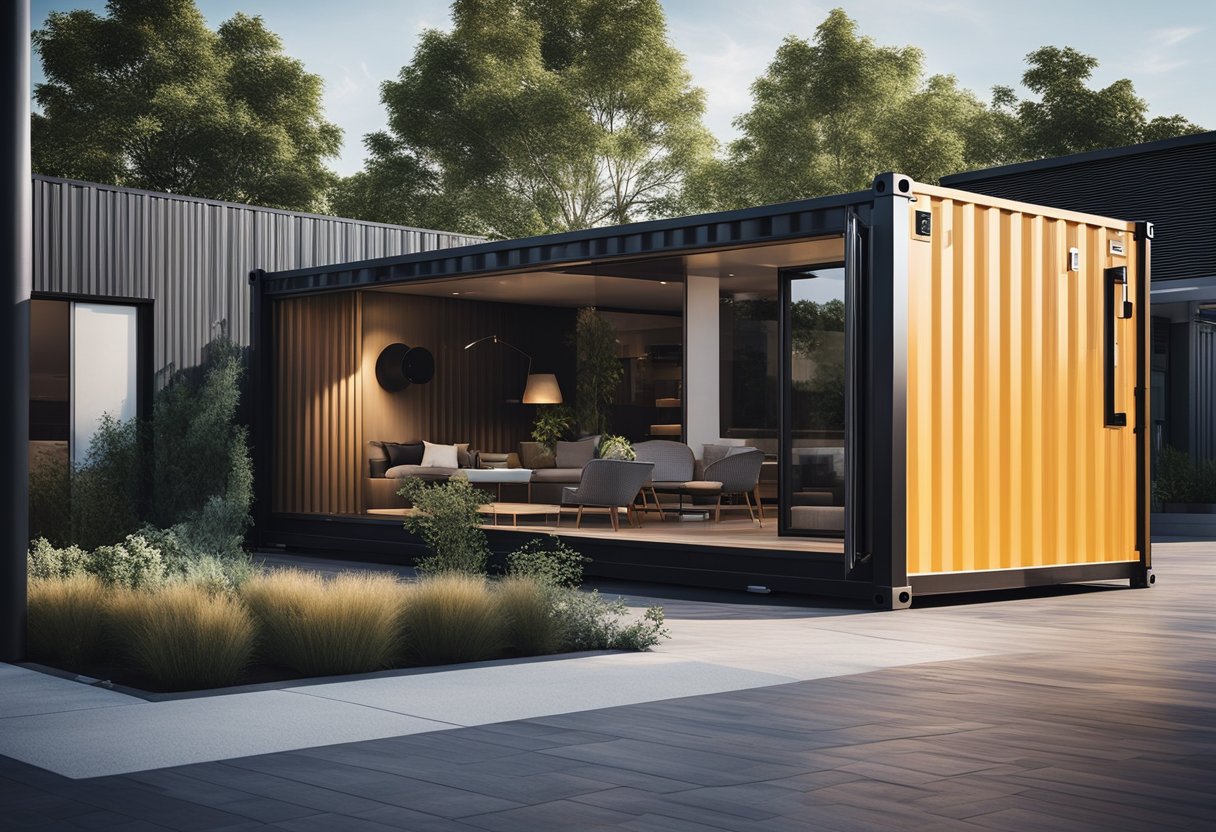 A sleek, modern container home nestled in an urban setting, with clean lines and minimalist design