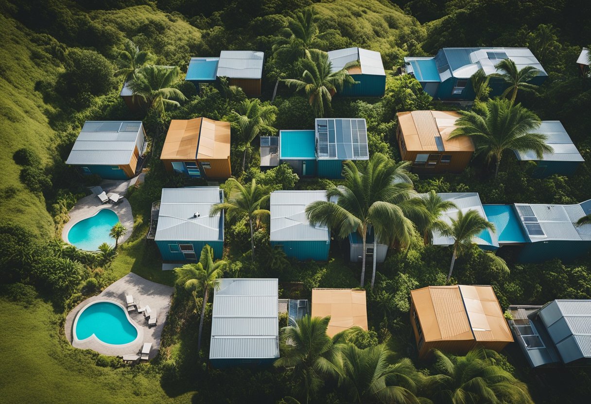 Aerial view of 7 container homes nestled in lush Hawaiian landscape, surrounded by palm trees and overlooking the ocean