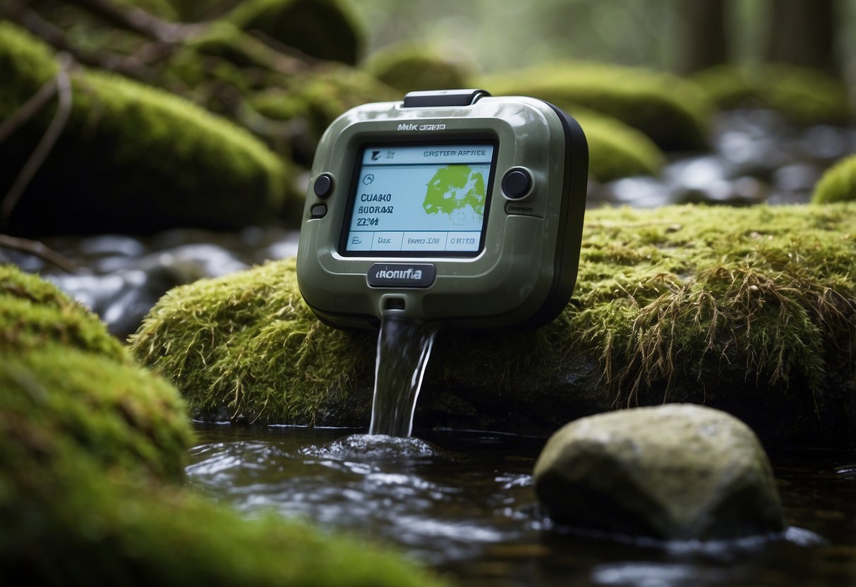 A clear mountain stream flows over rocks, with a MSR Guardian Purifier System set up nearby. A geocaching GPS device sits on a mossy log, surrounded by trees and wildlife