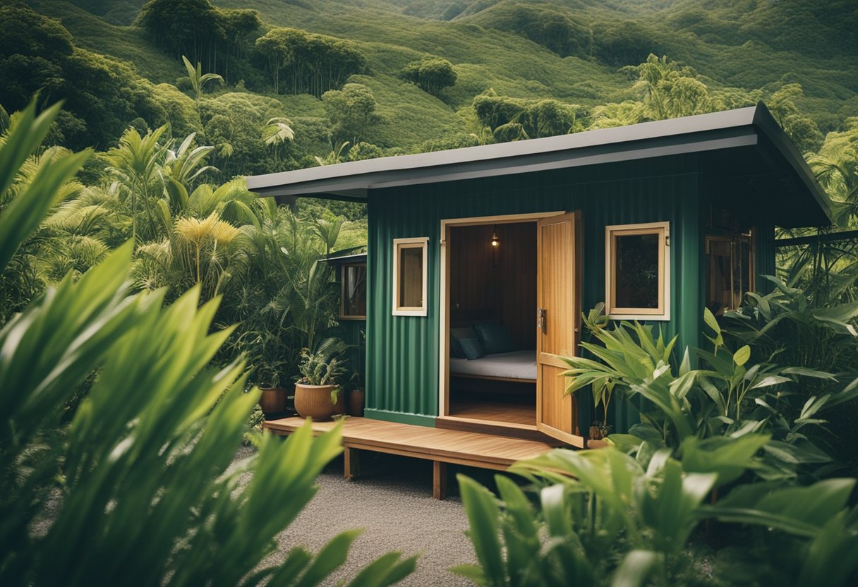 A cozy bamboo cottage nestled among lush greenery, surrounded by colorful container homes, with the backdrop of Hawaii's beautiful landscape