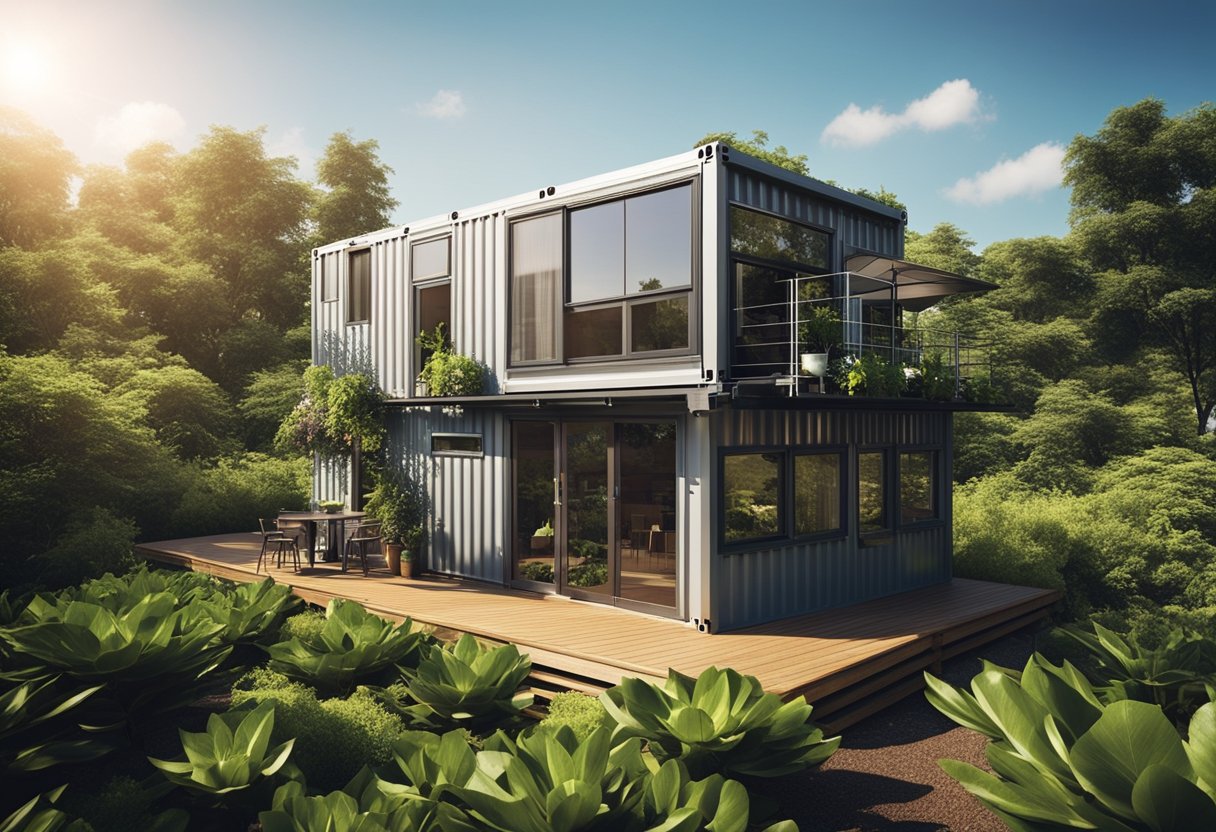 A modern tiny home made from repurposed shipping containers, surrounded by lush greenery and solar panels on the roof