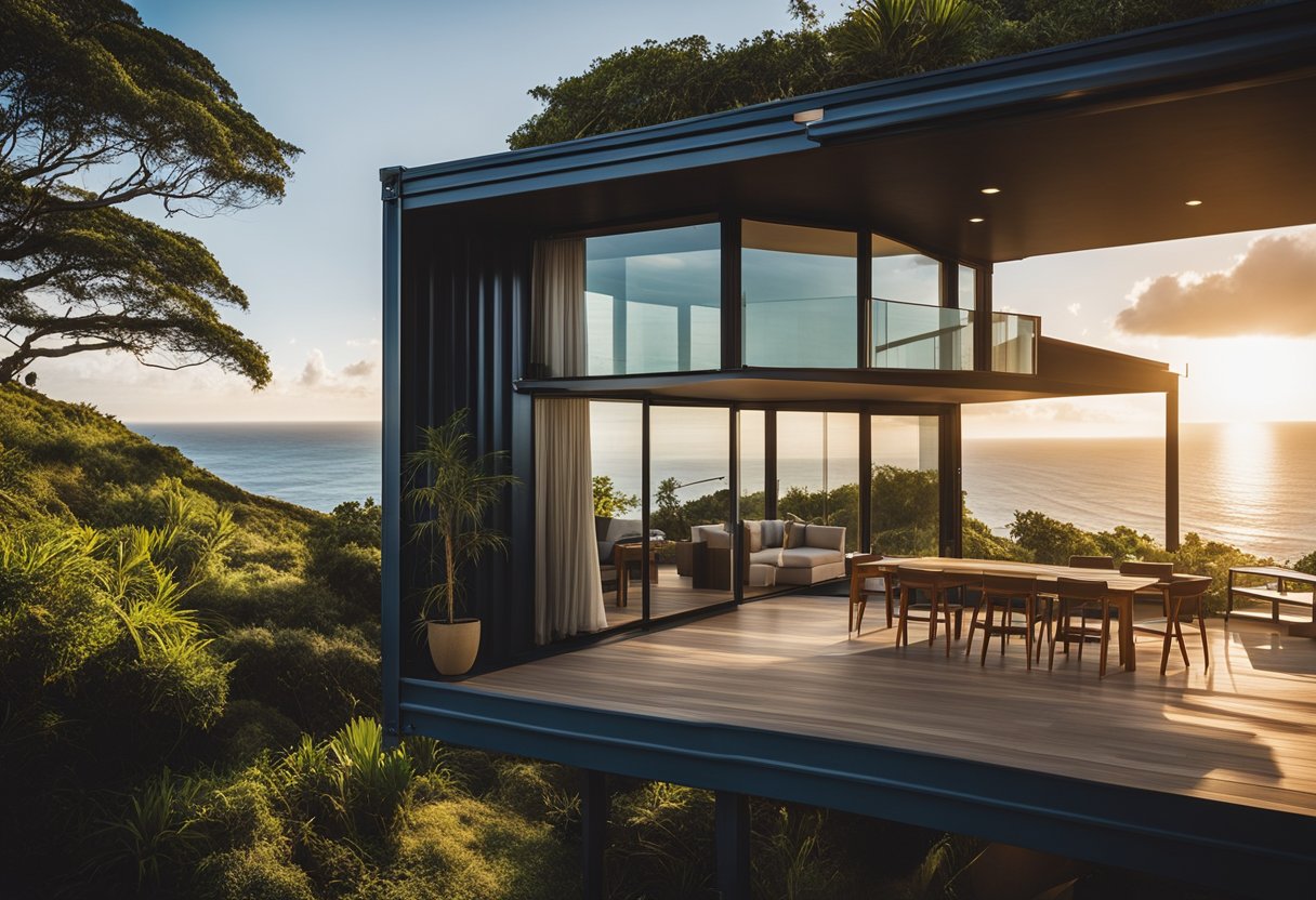 A modern container home sits on a cliff overlooking the Pacific Ocean in Hawaii. The sleek, minimalist design blends seamlessly with the natural surroundings