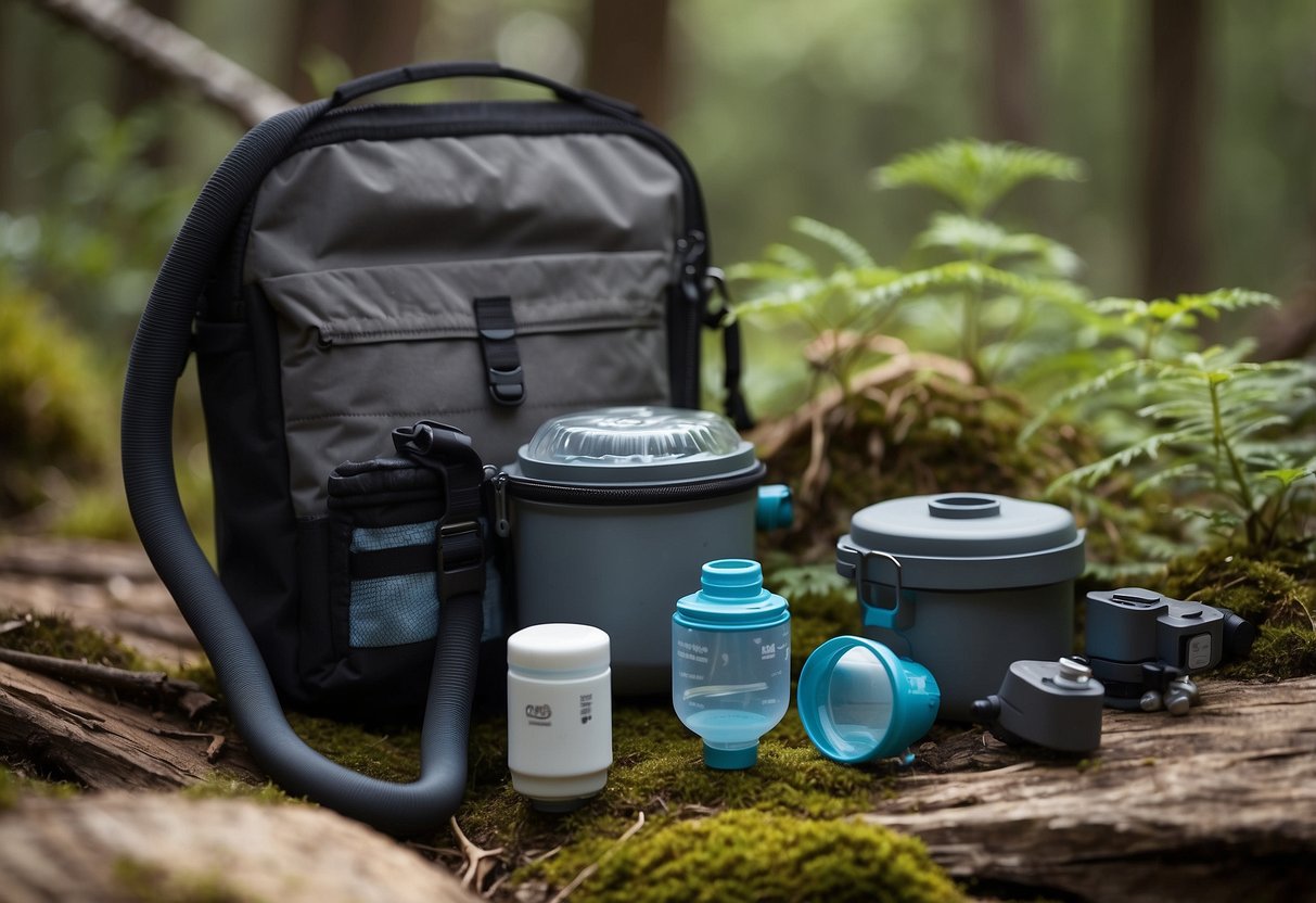 The Platypus GravityWorks Water Filter System is shown in use, surrounded by a variety of geocaching equipment and natural elements