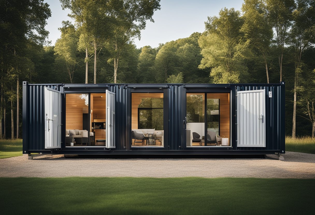 A modern, spacious container home with sleek design and luxurious amenities, nestled in the Ohio countryside