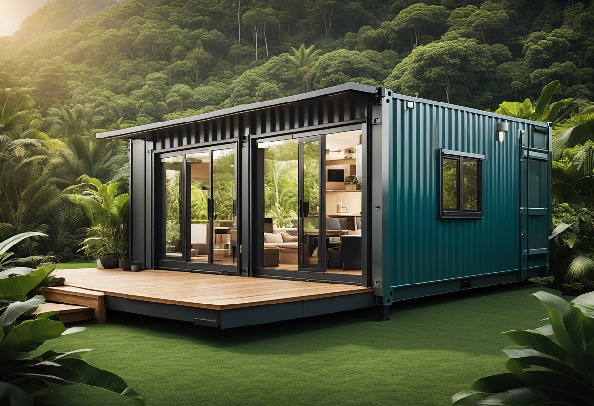 A sleek, modern tiny house made from seven shipping containers sits nestled in a lush tropical landscape in Hawaii. The design features clean lines, large windows, and a spacious outdoor deck, blending seamlessly with the natural surroundings