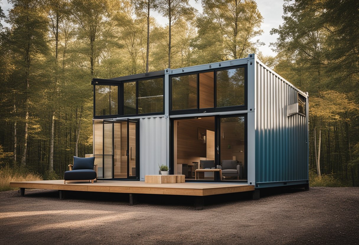 A minimalist container home nestled in an Ohio landscape, showcasing clean lines and natural materials in a Scandinavian-inspired design