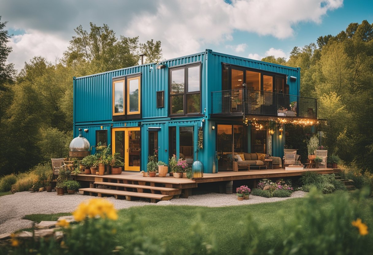 A colorful, eclectic container home nestled in an Ohio landscape, adorned with artistic murals and vibrant decor, creating a bohemian and free-spirited atmosphere