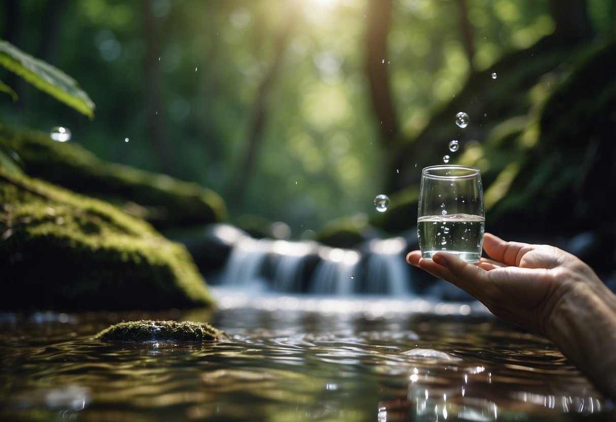 A bubbling stream flows through a lush forest, while a hand reaches out to collect water. Nearby, a small filter and purification tablets sit ready for use