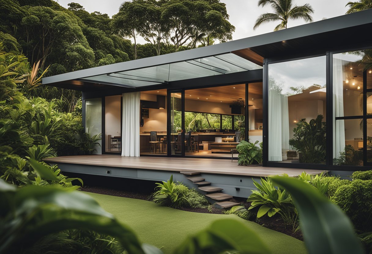 A modern, minimalist bungalow nestled among lush greenery in Maui, Hawaii. The container home features sleek lines and large windows, blending seamlessly with the natural surroundings