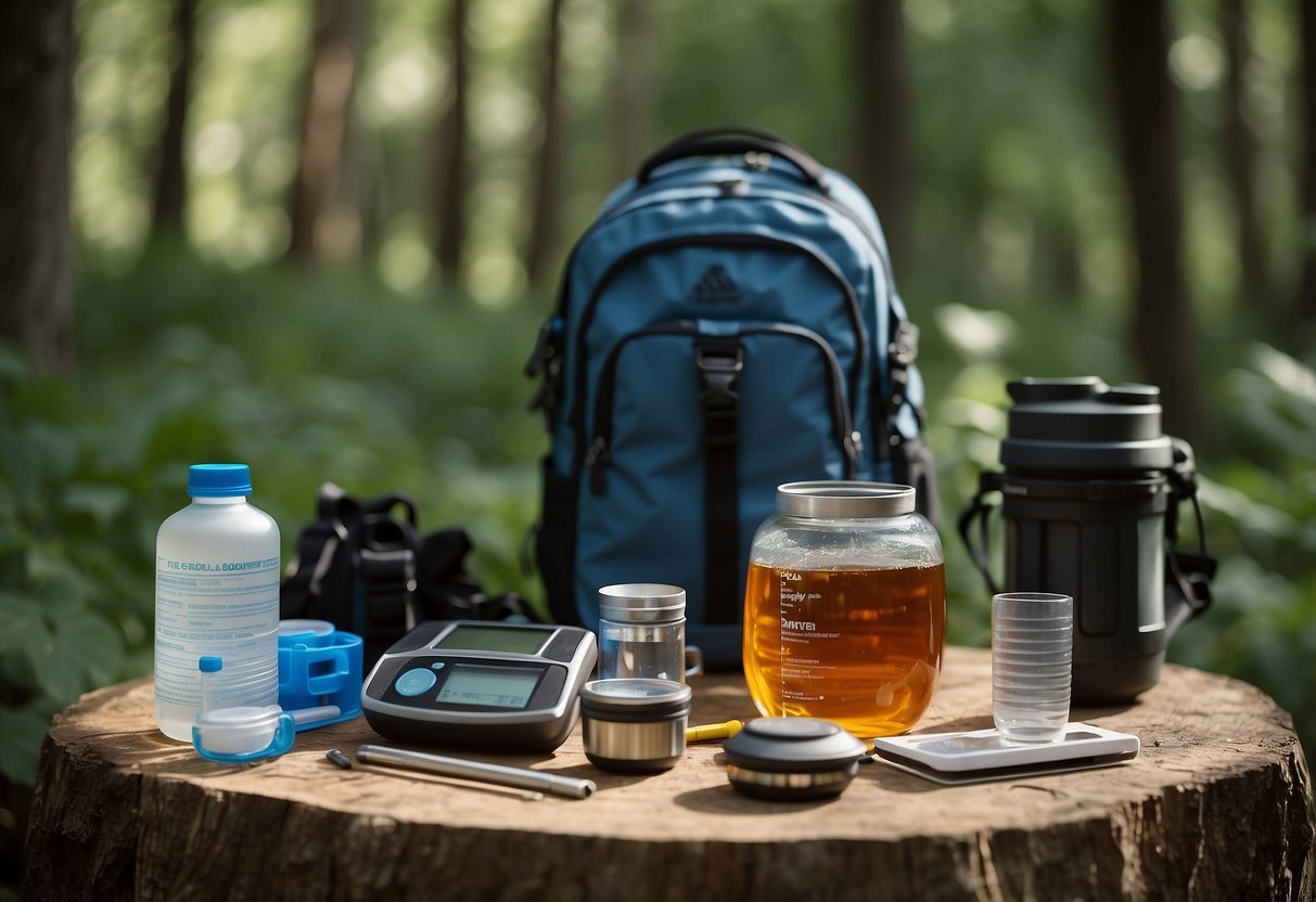 A table with various tools: water filter, purification tablets, UV pen, boiling pot, and a solar still. Surrounding the table are geocaching items like a GPS device, compass, and a backpack