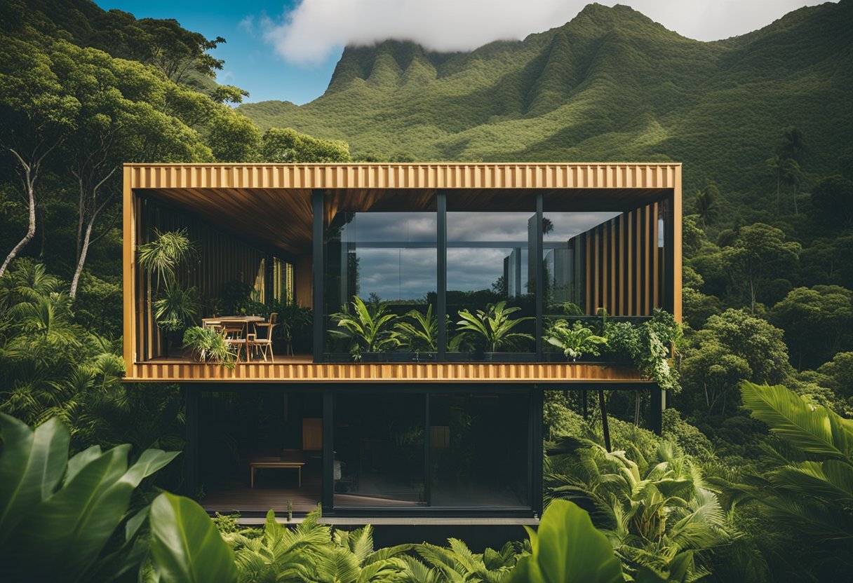 A modern, solar-powered container home surrounded by lush greenery on the Hawaiian coastline