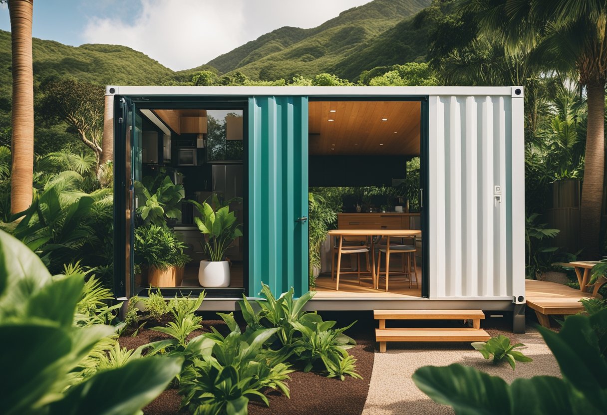 A vibrant garden surrounds a modern container home in Hawaii. The studio boasts lush greenery and a serene atmosphere