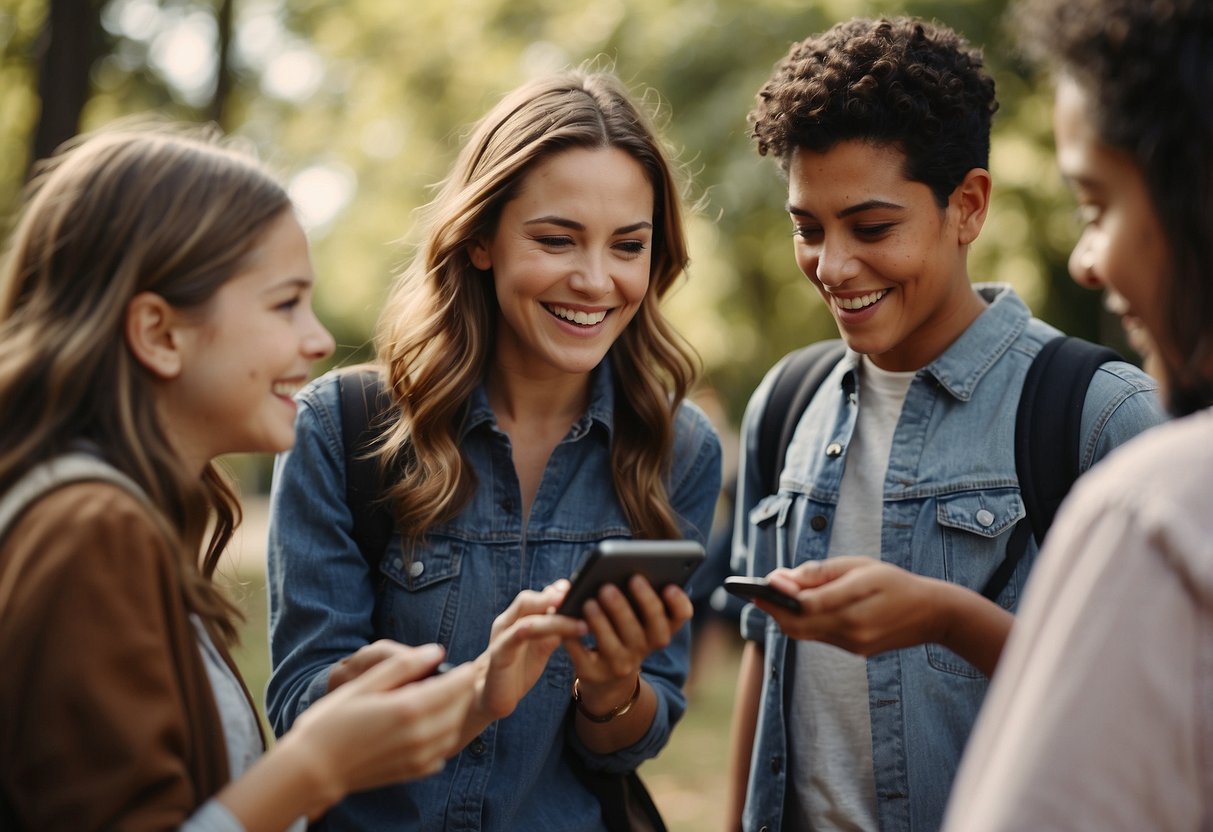 A group of kids and adults gather around a GPS device, excitedly searching for hidden treasures in a park. They follow clues, check coordinates, and celebrate each find with high-fives and smiles