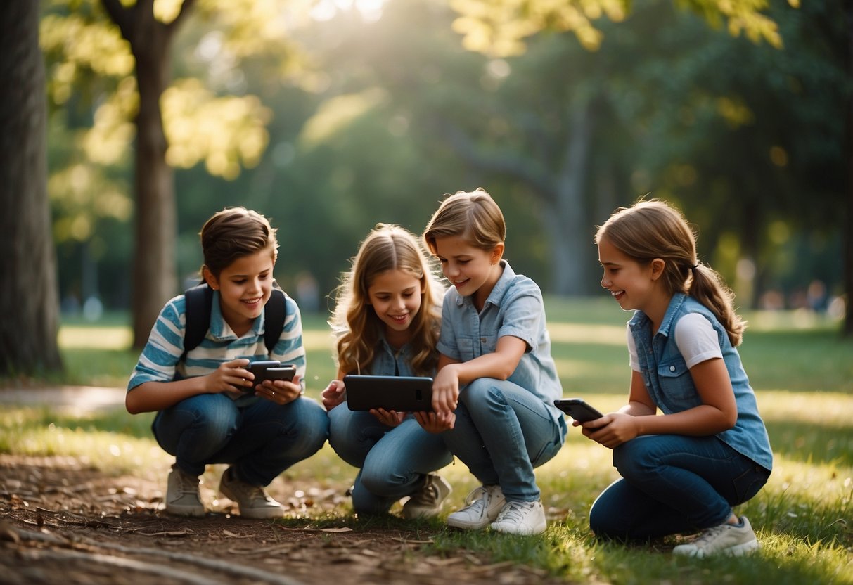 A group of kids excitedly search for hidden treasures in a park, using GPS devices and following clues to find kid-friendly geocaches. They eagerly explore the area, laughing and working together to uncover the hidden treasures