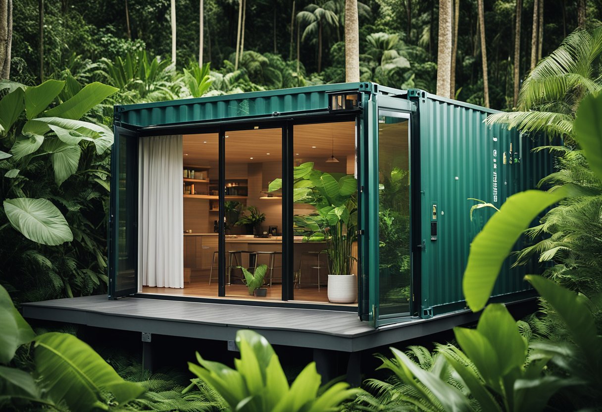 A modern container home nestled in a lush Hawaiian rainforest, surrounded by vibrant green foliage and exotic flora. The home's sleek design contrasts with the wild, untamed beauty of the natural surroundings