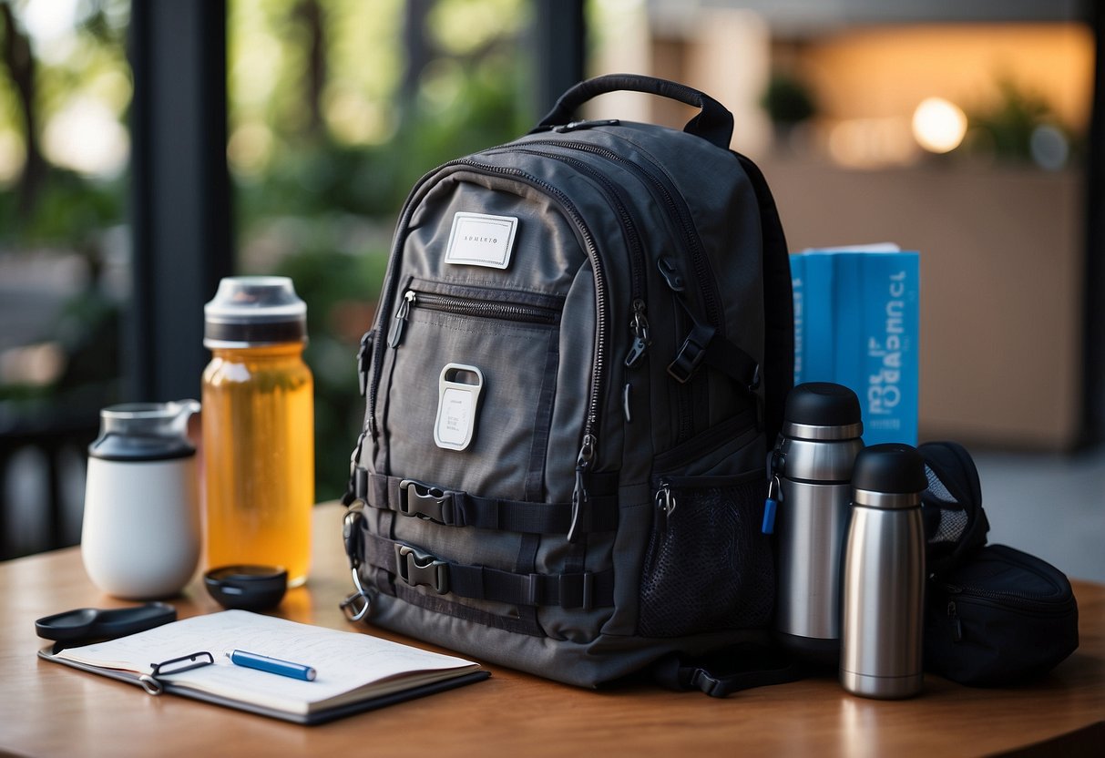 A backpack open with a map, compass, water bottle, and snacks spilling out. A GPS device and a notebook with a pen are also visible