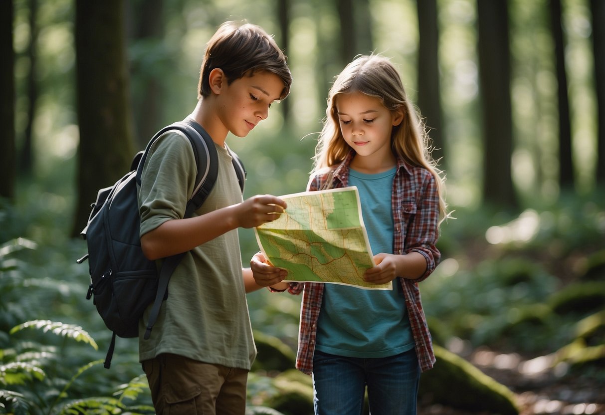 A child and adult using a map to find a geocache in a forest clearing, surrounded by trees and a small stream