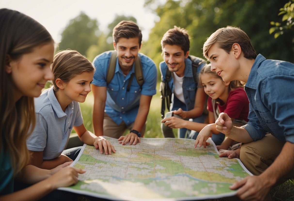 A group of kids and adults gather around a map, discussing safety rules for geocaching. They point to various landmarks and equipment while listening attentively