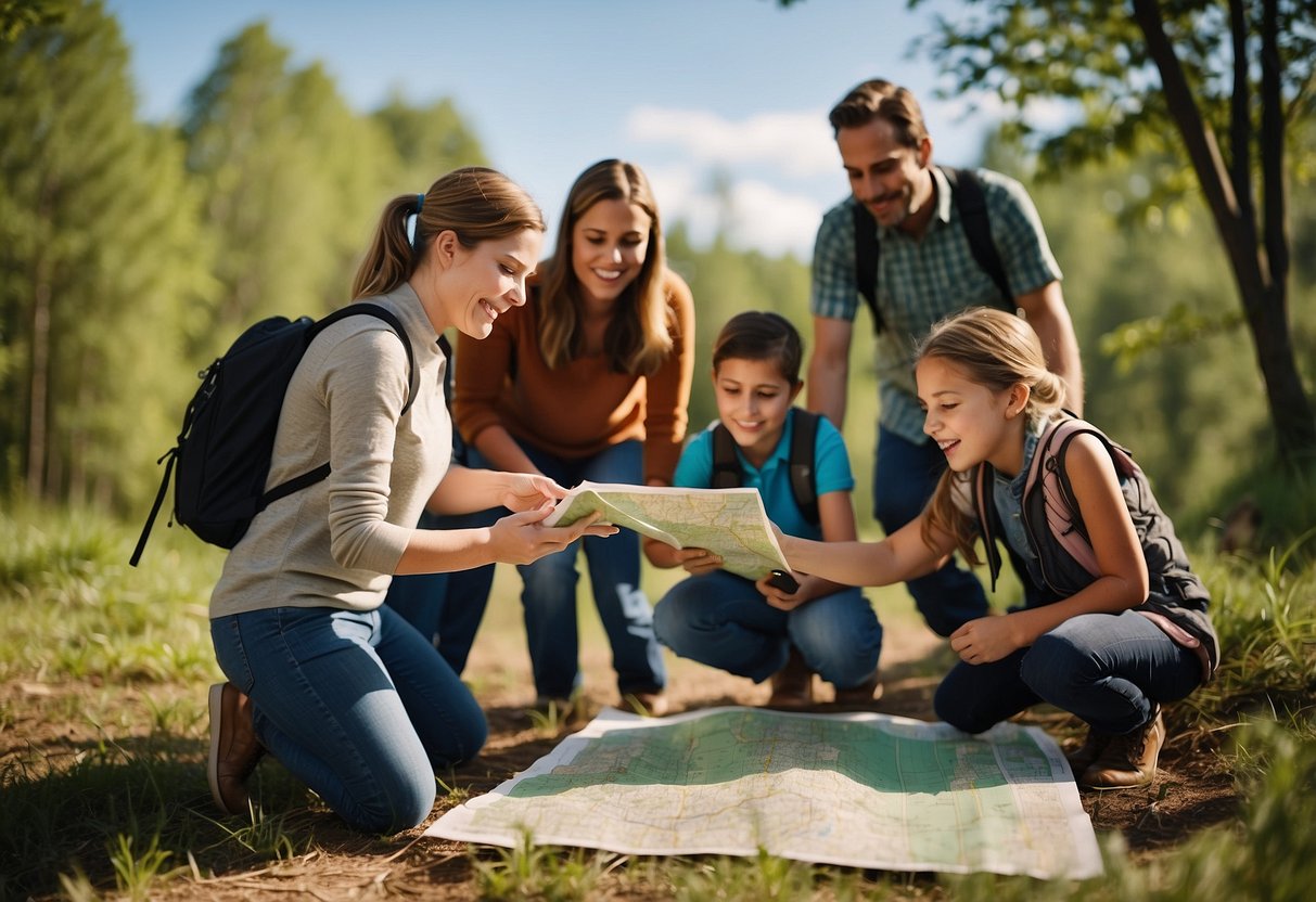 A group of kids and adults gather around a map, compass, and GPS device, excitedly planning their geocaching adventure. They are surrounded by nature, with trees, rocks, and a clear blue sky in the background