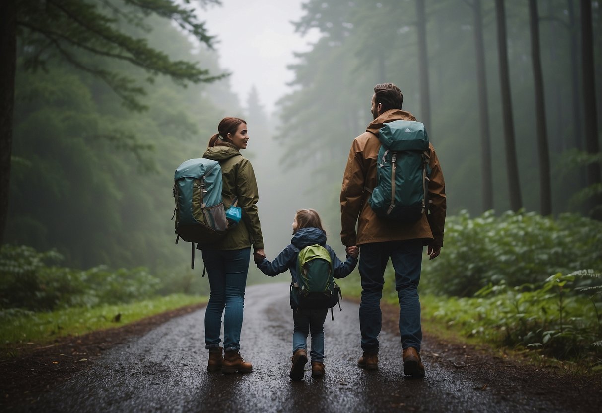 A family stands near a geocaching trail, packing extra layers and rain gear into their backpack. Clouds loom overhead as they check their GPS and set off into the woods