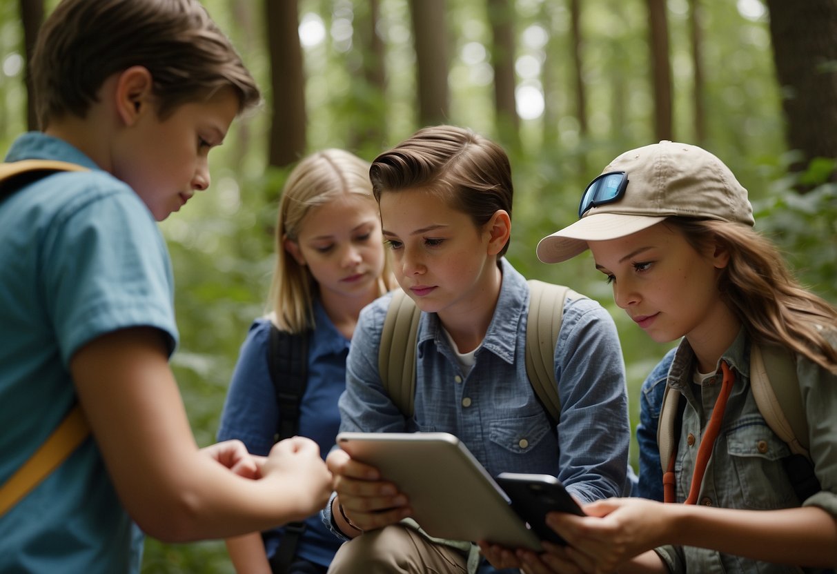 A group of kids and adults using GPS devices and smartphones to search for hidden treasures in a wooded area, following a map and working together to solve clues