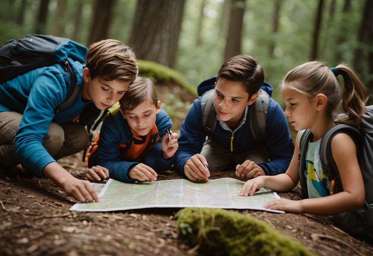 A group of children and adults gather around a map, compass, and GPS device, preparing for a geocaching adventure. They check their supplies and discuss safety rules before setting off into the wilderness