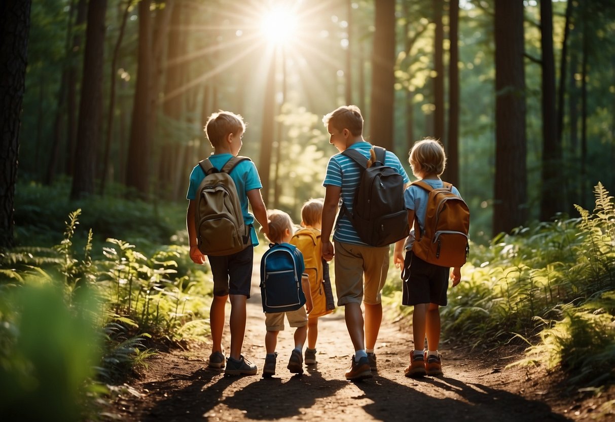 A family stands at the edge of a forest trail, looking at a map and GPS device. The children are excited, holding small backpacks and pointing in different directions. The sun is shining through the trees, creating dappled light on the ground