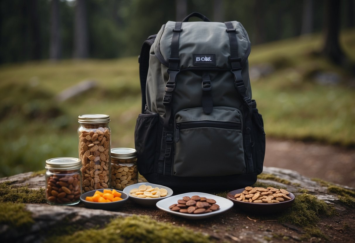 A backpack open on the ground, revealing 5 lightweight food options: trail mix, granola bars, dried fruit, jerky, and energy gels