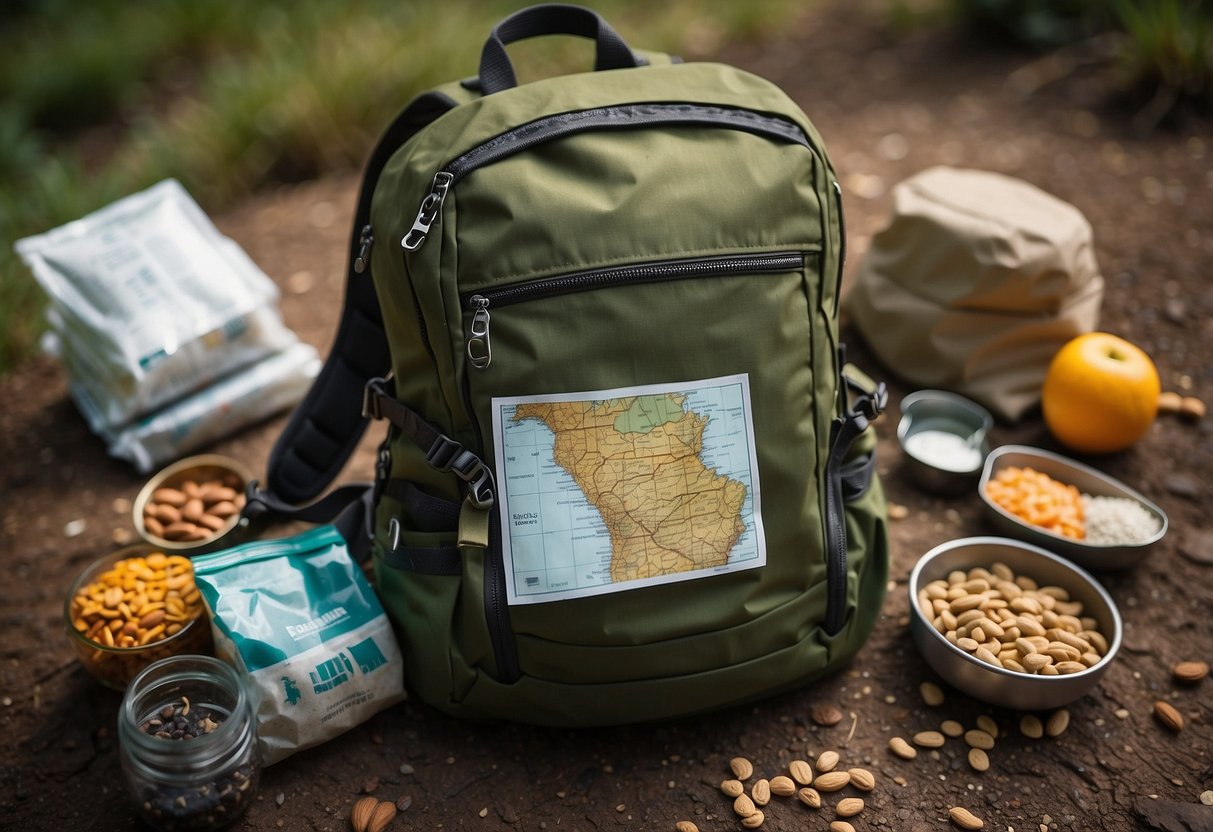 A backpack open on the ground, filled with lightweight, non-perishable snacks like trail mix, energy bars, and dried fruit. A map and compass laid out next to it, ready for a geocaching adventure