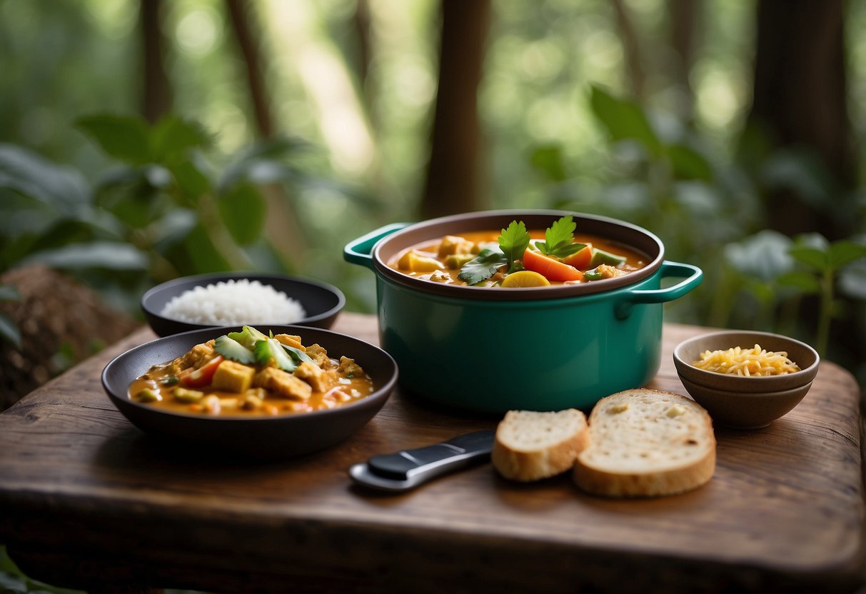 A colorful Thai curry meal sits next to a geocaching kit in a lush forest setting. The lightweight food option is ready for outdoor adventure