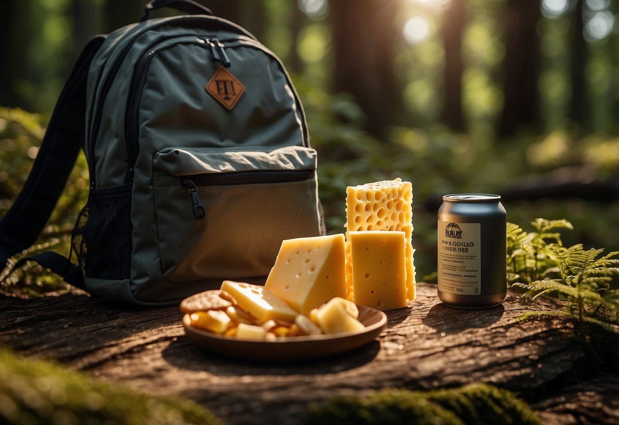 A bag of Moon Cheese Cheddar Cheese Crisps sits next to a geocaching backpack in a forest clearing. The sunlight filters through the trees, casting a warm glow on the snack