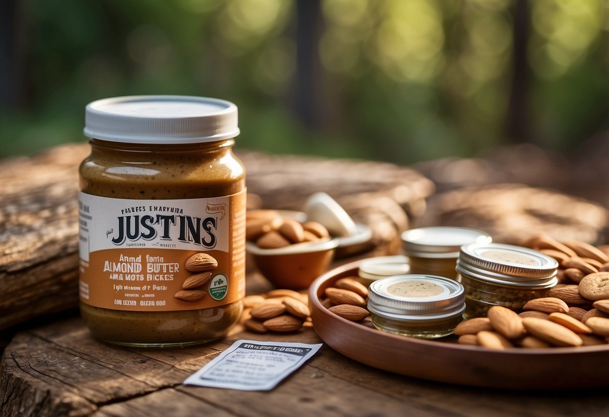 A small pile of Justin's almond butter packets sits next to a map and compass, surrounded by lightweight snacks and a water bottle, ready for a geocaching adventure