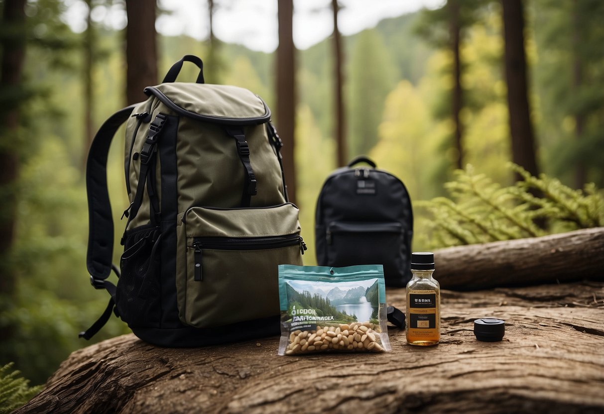 A backpack open on the ground, surrounded by a map, compass, and RXBAR Protein Bars. Trees and a trail in the background