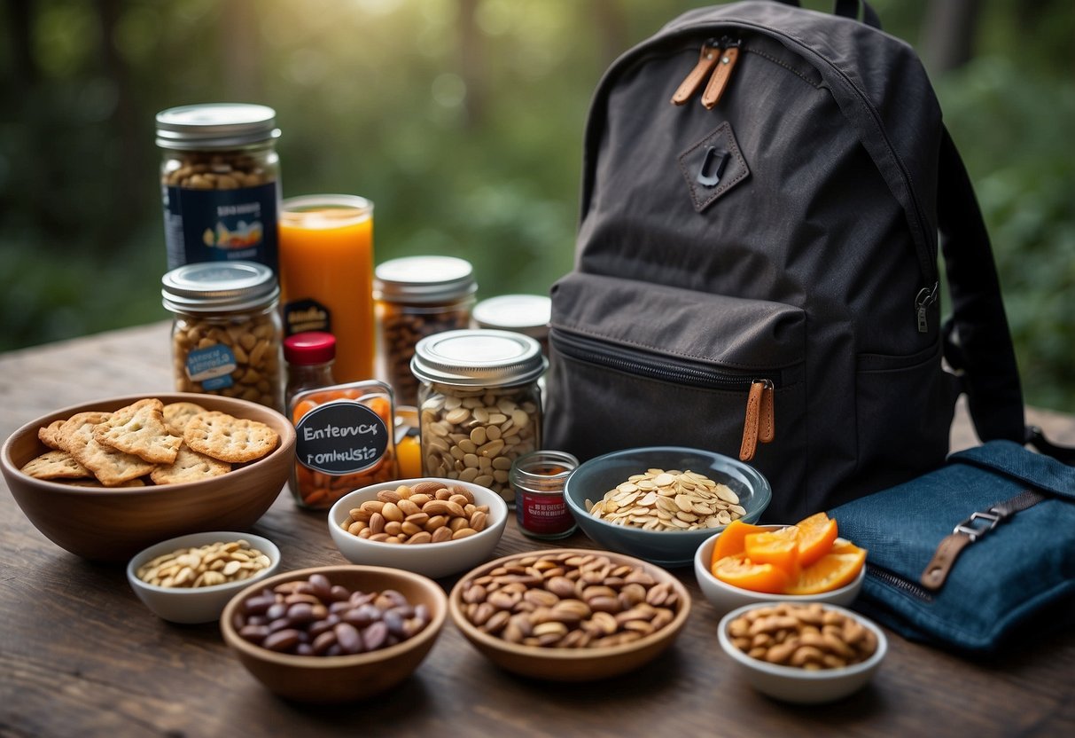 A backpack open with lightweight food options spilling out, such as energy bars, trail mix, dried fruit, and jerky. A map and compass are nearby