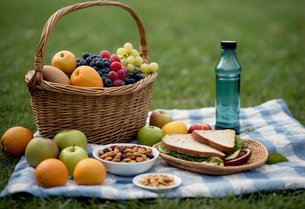 A picnic blanket spread out on lush green grass, with a wicker basket filled with fresh fruits, sandwiches, and trail mix. A water bottle and lightweight, compact containers are arranged neatly alongside