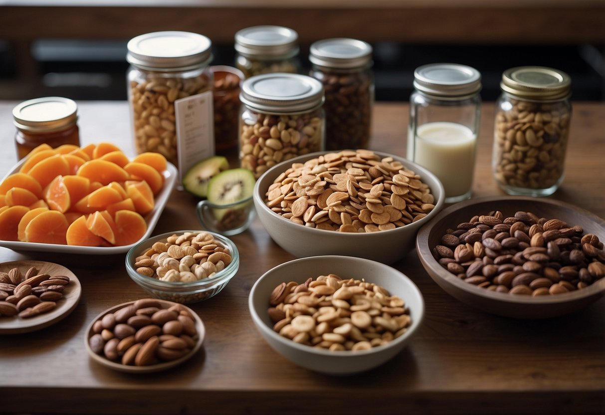 A table with lightweight food options: trail mix, energy bars, dehydrated fruits, nuts, and jerky. A backpack and map are nearby