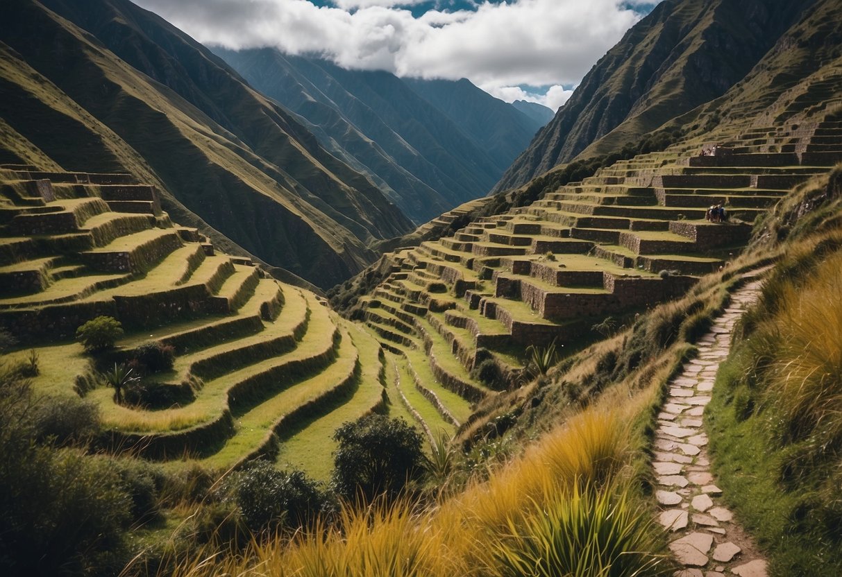 A winding Incan Trail through lush Peruvian mountains, with ancient ruins and breathtaking vistas