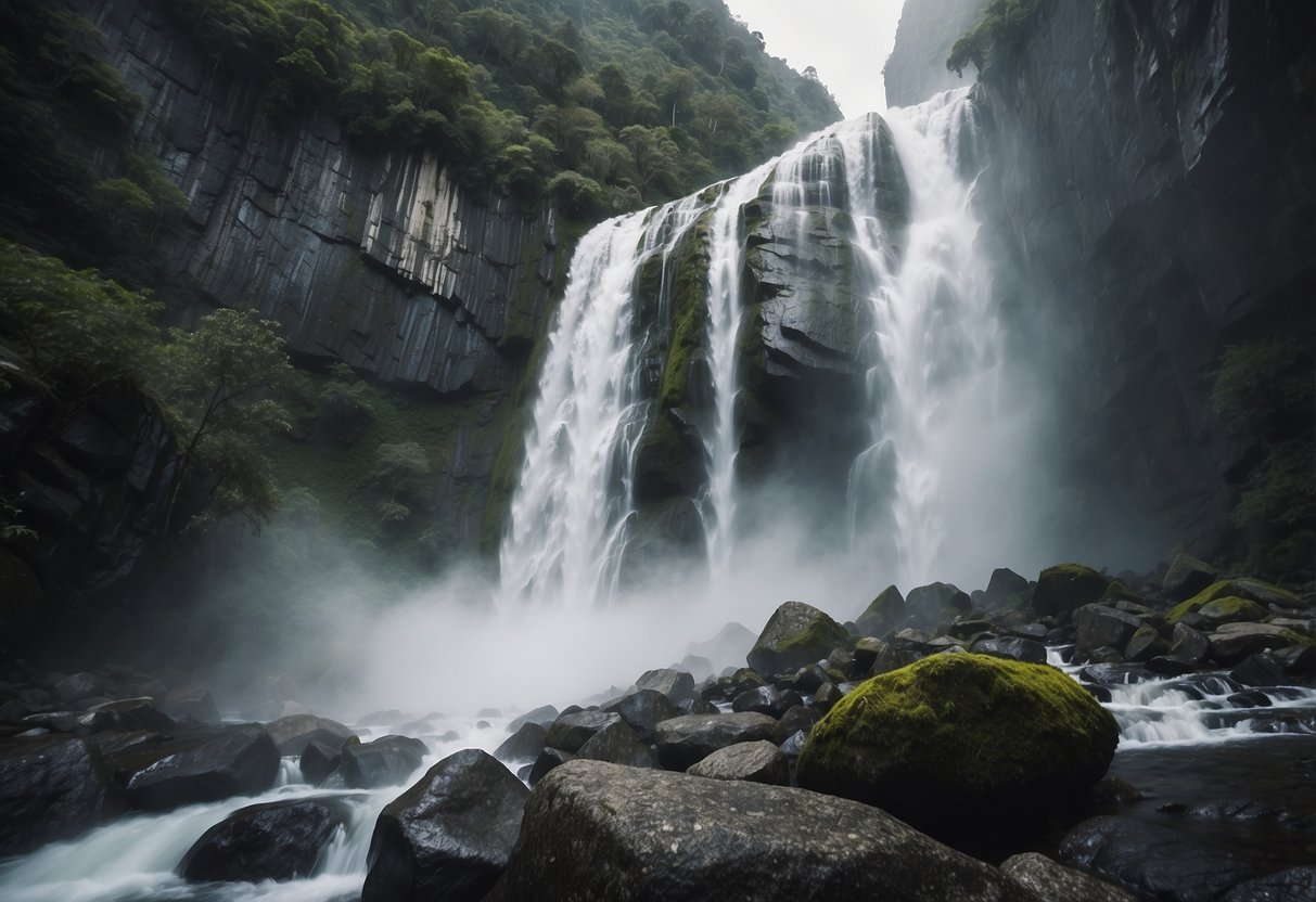 A rushing waterfall cascades down the rocky cliffs of Pailón del Diablo, surrounded by lush greenery and misty spray